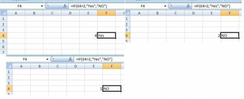 Enter a formula in cell F4 using the IF function that returns a value of YES if cell E4 is greater t