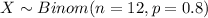 X \sim Binom(n=12, p=0.8)