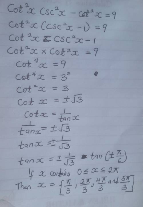 Cot^2x csc^2x-cot^2x=9