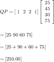 QP=[\ 1 \ \ 2\ \ 2\ \ 1]\left[\begin{array}{ccc}25\\45\\30\\75\end{array}\right] \\\\\\=[25 \ 90\ 60\ 75]\\\\=[25 +90+60+75]\\\\=[250.00]