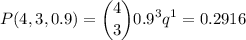 \displaystyle P(4,3,0.9)=\binom{4}{3}0.9^3q^{1}=0.2916