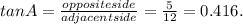 tan A = \frac{oppositeside}{adjacentside} = \frac{5}{12} = 0.416.