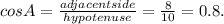 cosA = \frac{adjacentside}{hypotenuse} = \frac{8}{10} = 0.8.