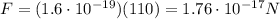 F=(1.6\cdot 10^{-19})(110)=1.76\cdot 10^{-17} N