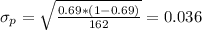 \sigma_p = \sqrt{\frac{0.69*(1-0.69)}{162}}= 0.036