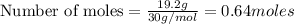 \text{Number of moles}=\frac{19.2g}{30g/mol}=0.64moles