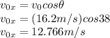 v_{0x}=v_{0}cos\theta\\v_{0x}=(16.2m/s)cos38\\v_{0x}=12.766m/s
