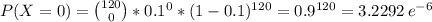 P(X=0) = {120 \choose 0} * 0.1^0 * (1-0.1)^{120} = 0.9^{120} = 3.2292 \, e^{-6}