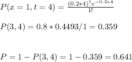 P(x=1,t=4)=\frac{(0.2*4)^1e^{-0.2*4}}{1!}\\\\P(3,4)=0.8*0.4493/1=0.359\\\\\\P=1-P(3,4)=1-0.359=0.641