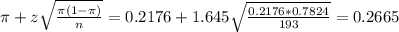 \pi + z\sqrt{\frac{\pi(1-\pi)}{n}} = 0.2176 + 1.645\sqrt{\frac{0.2176*0.7824}{193}} = 0.2665