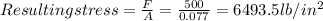 Resulting stress=\frac{F}{A}=\frac{500}{0.077} =6493.5 lb/in^{2}