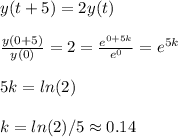 y(t+5)=2y(t)\\\\\frac{y(0+5)}{y(0)} =2=\frac{e^{0+5k}}{e^0} =e^{5k}\\\\5k=ln(2)\\\\k=ln(2)/5\approx0.14