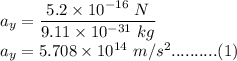 a_y=\dfrac{5.2\times 10^{-16}\ N}{9.11\times 10^{-31}\ kg}  \\a_y=5.708\times 10^{14}\ m/s^2..........(1)