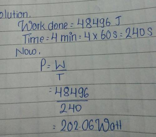 How much power is used by a car engine if it does 48496 J of work in 4 min? Show your calculations.