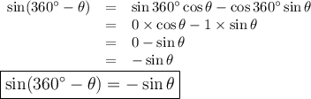 \begin{array}{rcl}\sin(360^{\circ} - \theta) & = & \sin 360^{\circ} \cos \theta - \cos 360^{\circ} \sin \theta\\& = & 0\times \cos \theta - 1 \times \sin \theta \\ & = & 0 - \sin \theta\\& = & -\sin \theta\\\end{array}\\\large \boxed{\sin (360^{\circ} - \theta) = -\sin \theta}