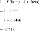 1-P(\text{losing all tickets})\\\\=1-0.9^{10}\\\\=1-0.3486\\\\=0.6513