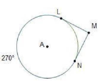 Circle A is shown. Tangents L M and N M intersect at point M outside of the circle. Arc L N is 270 d