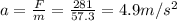 a=\frac{F}{m}=\frac{281}{57.3}=4.9 m/s^2