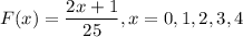 F(x) = \dfrac{2x+1}{25}, x = 0,1,2,3,4