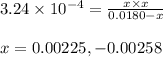 3.24\times 10^{-4}=\frac{x\times x}{0.0180-x}\\\\x=0.00225,-0.00258
