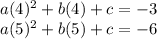 a(4)^{2}+b(4)+c=-3\\a(5)^{2}+b(5)+c=-6