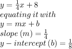 y =  \frac{1}{4} x + 8 \\ equating \: it \: with \\ y = mx + b \\ slope \: (m) =  \frac{1}{4}  \\   y - intercept \: (b) =  \frac{1}{8}