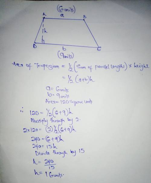 Find the height of a trapezoid with bases 9 and 6 and an area of 120 square units