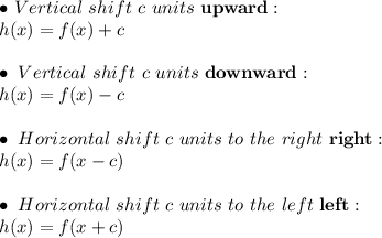 \bullet \ Vertical \ shift \ c \ units \ \mathbf{upward}: \\ h(x)=f(x)+c \\ \\ \bullet \ Vertical \ shift \ c \ units \ \mathbf{downward}: \\ h(x)=f(x)-c \\ \\ \bullet \ Horizontal \ shift \ c \ units \ to \ the \ right \ \mathbf{right}: \\  h(x)=f(x-c) \\ \\ \bullet \ Horizontal \ shift \ c \ units \ to \ the \ left \ \mathbf{left}: \\ h(x)=f(x+c)