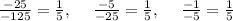 \frac{-25}{-125}=\frac{1}{5},\:\quad \frac{-5}{-25}=\frac{1}{5},\:\quad \frac{-1}{-5}=\frac{1}{5}