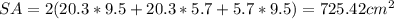 SA=2(20.3*9.5+ 20.3*5.7+ 5.7*9.5)=725.42 cm^{2}