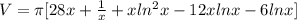 V=\pi [28x+\frac{1}{x}+xln^2x-12xlnx-6lnx]