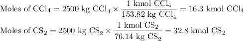 \text{Moles of CCl}_{4} = \text{2500 kg CCl}_{4} \times \dfrac{\text{1 kmol CCl}_{4}}{\text{153.82 kg CCl}_{4}} = \text{16.3 kmol CCl}_{4}\\\\\text{Moles of CS}_{2} = \text{2500 kg CS}_{2} \times \dfrac{\text{1 kmol CS}_{2}}{\text{76.14 kg CS}_{2}} = \text{32.8 kmol CS}_{2}