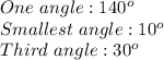 One\ angle: 140^o\\Smallest\ angle: 10^o\\Third\ angle: 30^o