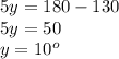 5y=180-130\\5y=50\\y=10^o