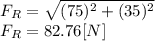 F_{R}=\sqrt{(75)^{2} +(35)^{2} }\\ F_{R}=82.76[N]