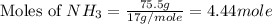 \text{Moles of }NH_3=\frac{75.5g}{17g/mole}=4.44mole