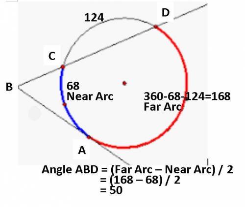 Suppose on a circle that ∠ABD is formed by a tangent and a secant intersecting outside of the circle