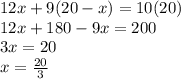 12x+9(20-x)=10(20)\\12x+180-9x=200\\3x=20\\x=\frac{20}{3}