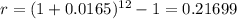 r = (1+0.0165)^{12} - 1 =0.21699