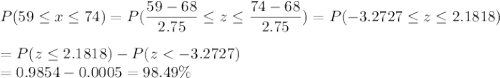 P(59 \leq x \leq 74) = P(\displaystyle\frac{59 - 68}{2.75} \leq z \leq \displaystyle\frac{74-68}{2.75}) = P(-3.2727 \leq z \leq 2.1818)\\\\= P(z \leq 2.1818) - P(z < -3.2727)\\= 0.9854 - 0.0005=98.49\%