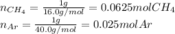 n_{CH_4}=\frac{1g}{16.0g/mol}=0.0625molCH_4 \\n_{Ar}=\frac{1g}{40.0g/mol}=0.025molAr