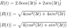 R(t)=2.0cos(3t)\hat{i}+2sin(3t)\hat j\\\\|R(t)|=\sqrt{4cos^2(3t)+4sin^2(3t)}\\\\|R(t)|=\sqrt{4(cos^2(3t)+sin^2(3t))}\\\\