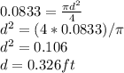 0.0833 = \frac{\pi d^{2}} {4}\\d^{2} = (4*0.0833)/\pi \\d^{2} = 0.106\\d = 0.326 ft
