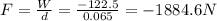 F=\frac{W}{d}=\frac{-122.5}{0.065}=-1884.6 N