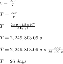 v = \frac{2\pi r}{T} \\\\T = \frac{2\pi r}{v} \\\\T = \frac{2\times \pi \times 1.5\times 10^8}{418.97} \\\\T = 2,249,803.09 \ s\\\\T = 2,249,803.09 \ s \times \frac{1 \ day}{86,400 \ s} \\\\T = 26 \ days