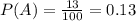 P(A)= \frac{13}{100}=0.13