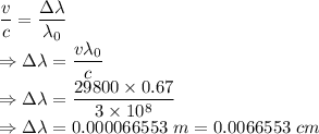 \dfrac{v}{c}=\dfrac{\Delta \lambda}{\lambda_0}\\\Rightarrow \Delta \lambda=\dfrac{v\lambda_0}{c}\\\Rightarrow \Delta \lambda=\dfrac{29800\times 0.67}{3\times 10^8}\\\Rightarrow \Delta\lambda=0.000066553\ m=0.0066553\ cm