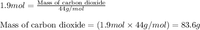 1.9mol=\frac{\text{Mass of carbon dioxide}}{44g/mol}\\\\\text{Mass of carbon dioxide}=(1.9mol\times 44g/mol)=83.6g