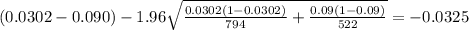 (0.0302-0.090) - 1.96 \sqrt{\frac{0.0302(1-0.0302)}{794} +\frac{0.09(1-0.09)}{522}}=-0.0325