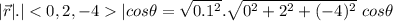 |\vec r|.|| cos \theta= \sqrt{0.1^2}.\sqrt{0^2+2^2+(-4)^2} \  cos \theta
